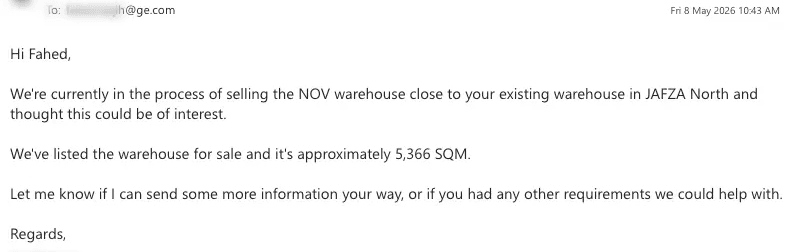 Personalised outreach email drafted by Scayled and sent from the broker's inbox